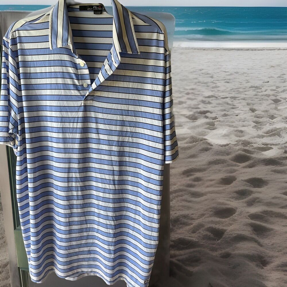 RLX Polo Ralph Lauren Polo Golf Men’s White Blue Striped Short Sleeve Activewear